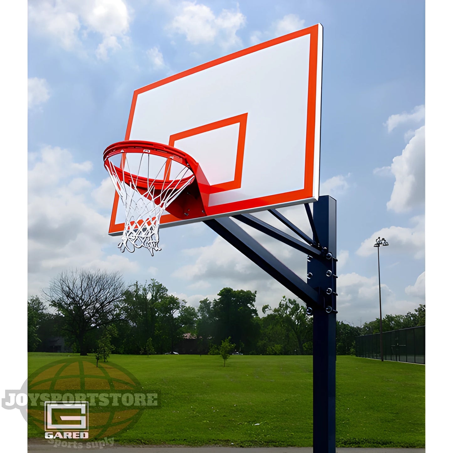 Gared outdoor ground basketball hoop with white backboard and red rim set in a park