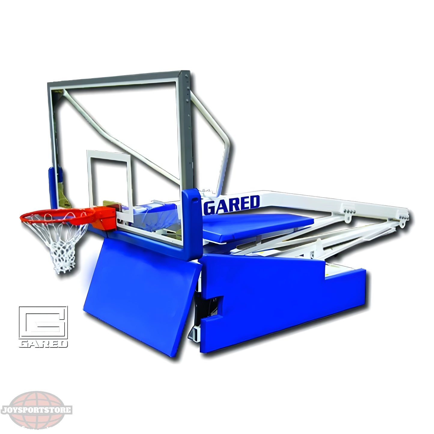 Gared portable basketball hoop with blue padding and clear backboard for easy setup and transport