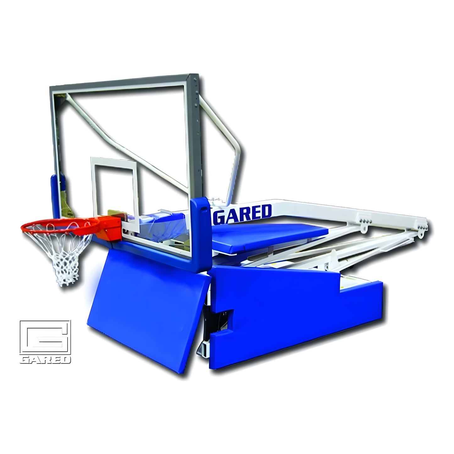 Gared portable basketball hoop with adjustable backboard and blue padded base for easy transport