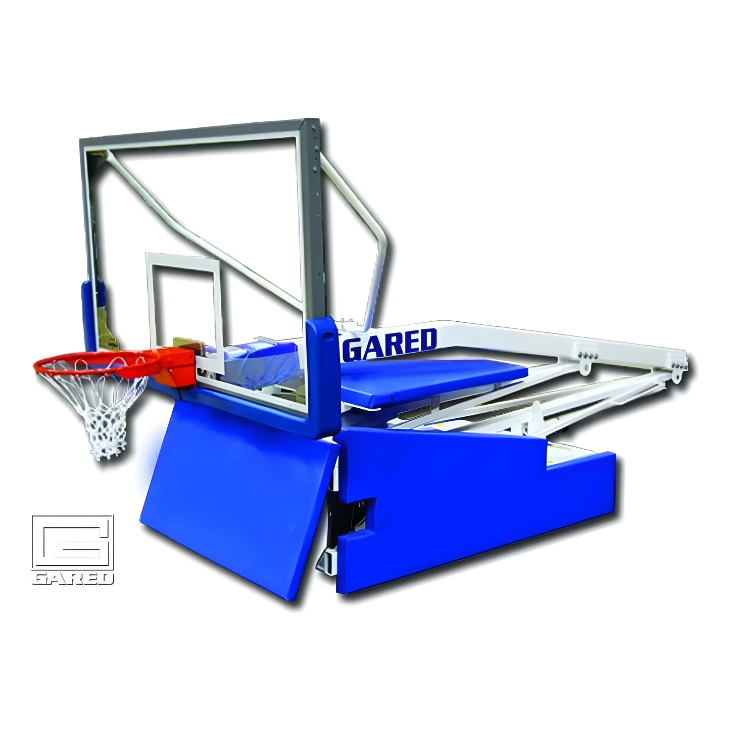 Gared portable basketball hoop with adjustable backboard and blue padded base for easy transport