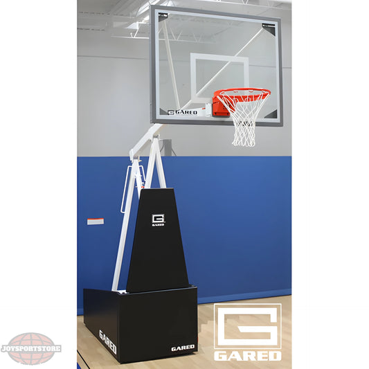 Gared portable basketball hoop with clear backboard and red rim on indoor court