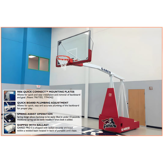 Gared portable basketball hoop with quick connect mounting and spring assist in indoor gym