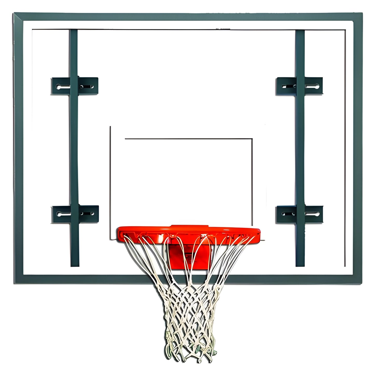 Gared basketball backboard with red rim and white net mounted on black frame