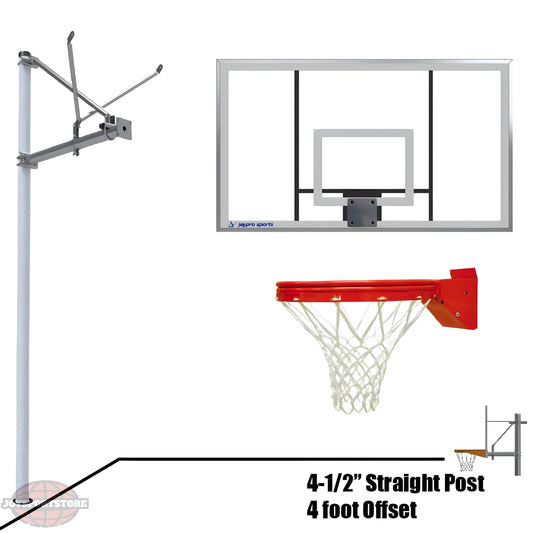 Jaypro outdoor basketball hoop with adjustable 4-1/2 inch straight post and 4 foot offset metal frame