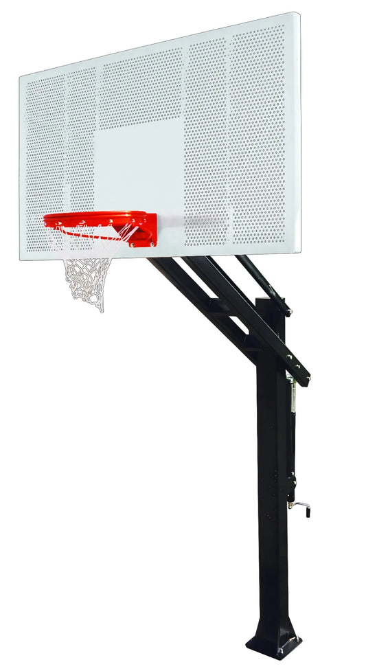 FIRST TEAM In Ground Basketball Hoop with a white perforated backboard and red rim