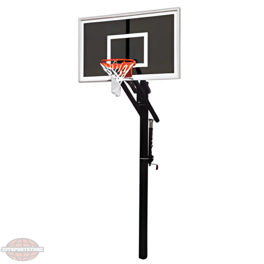 FIRST TEAM in ground basketball hoop with black backboard and orange rim for outdoor play