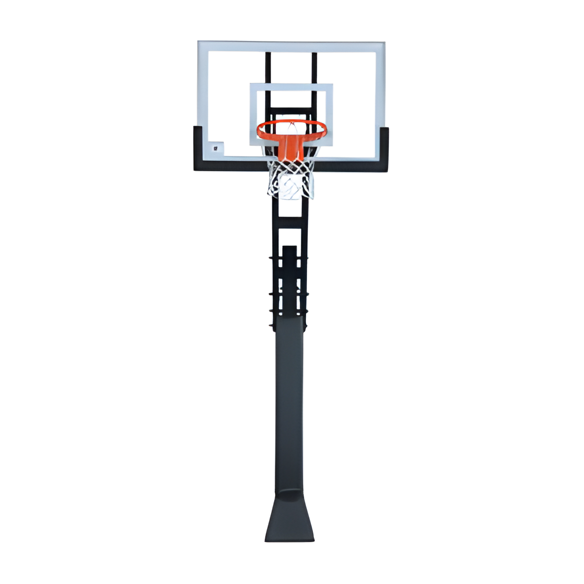 Ironclad In Ground Basketball Hoop with clear backboard and orange rim on black pole