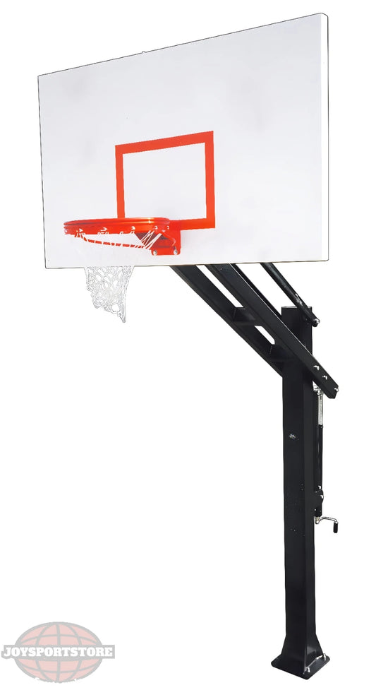 FIRST TEAM in ground basketball hoop with clear backboard and red rim on black pole