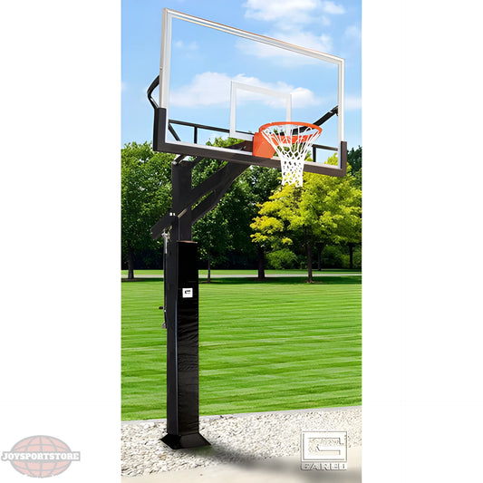 Gared In Ground Basketball Hoop with clear backboard and orange rim installed on grassy backyard