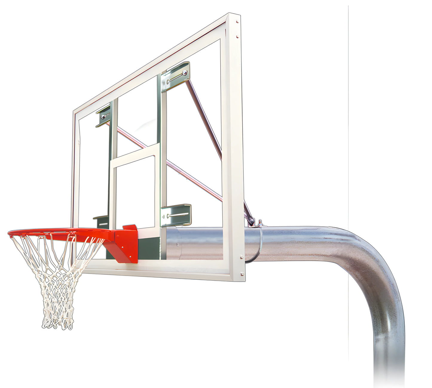 FIRST TEAM clear glass backboard with red rim and net on In Ground Basketball Hoop