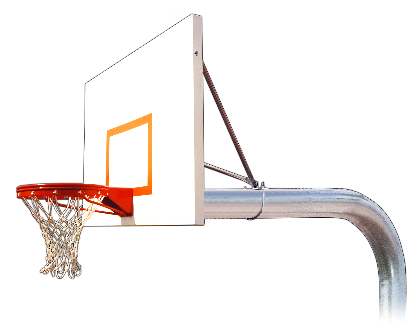 FIRST TEAM in ground basketball hoop with white backboard and orange rim on metal pole