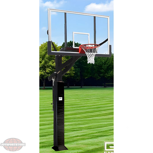 Gared In Ground Basketball Hoop with clear backboard and white net on green grassy field