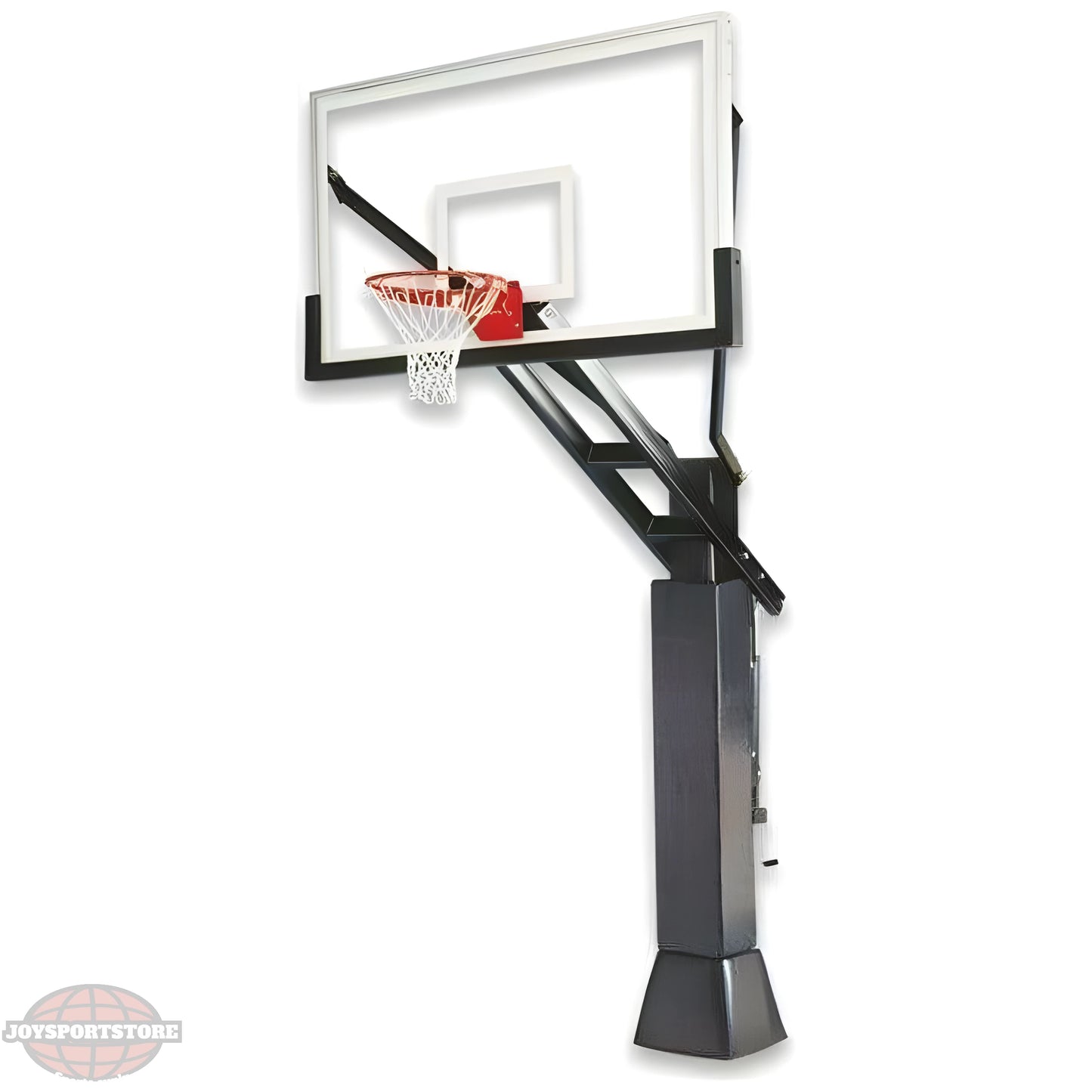 Ironclad In Ground Hoop basketball system with clear backboard and sturdy black support pole