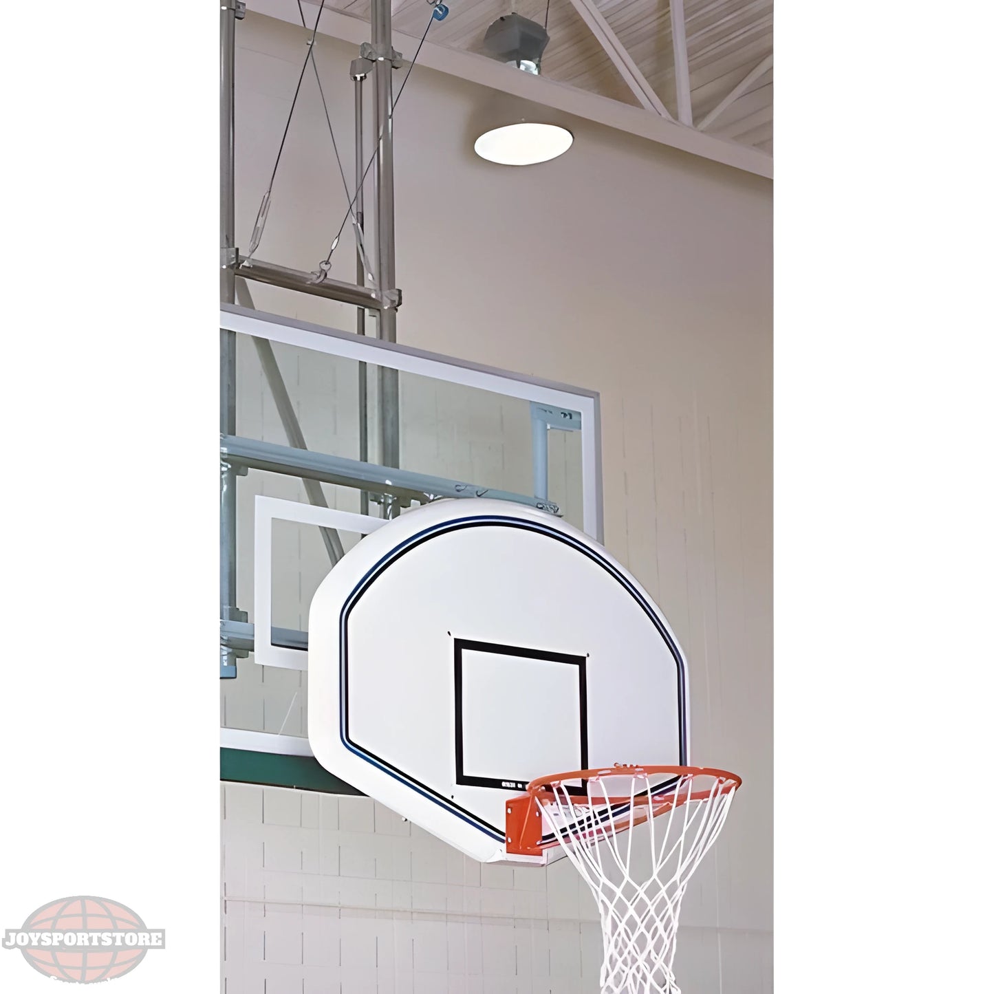 Gared white basketball backboard with black outline and orange rim in indoor gym setting