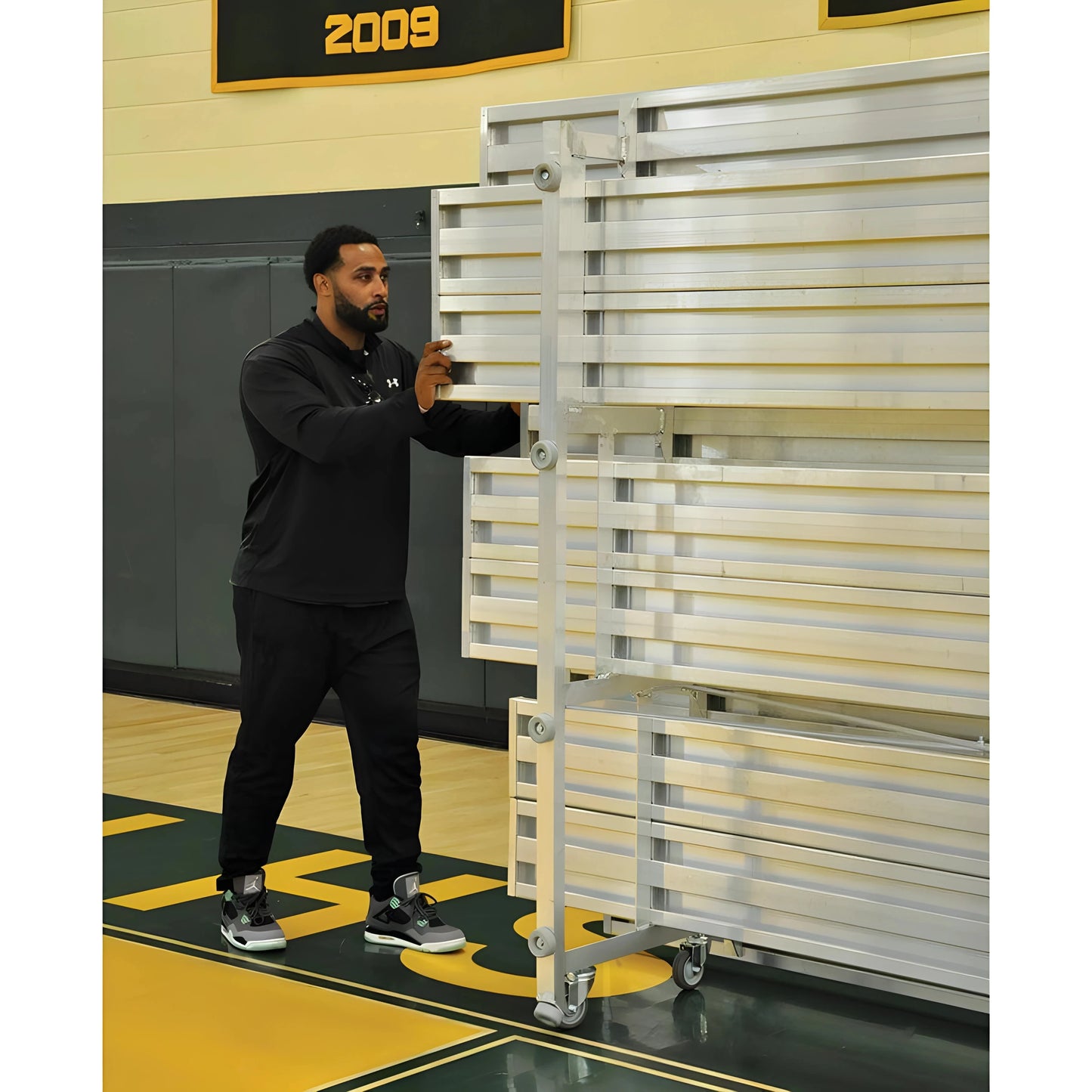 Jaypro Indoor Bleacher – 15' (3 Row, Double Foot Plank) Tip & Roll System | Model: BLDP-3TRG - JoySportStore
