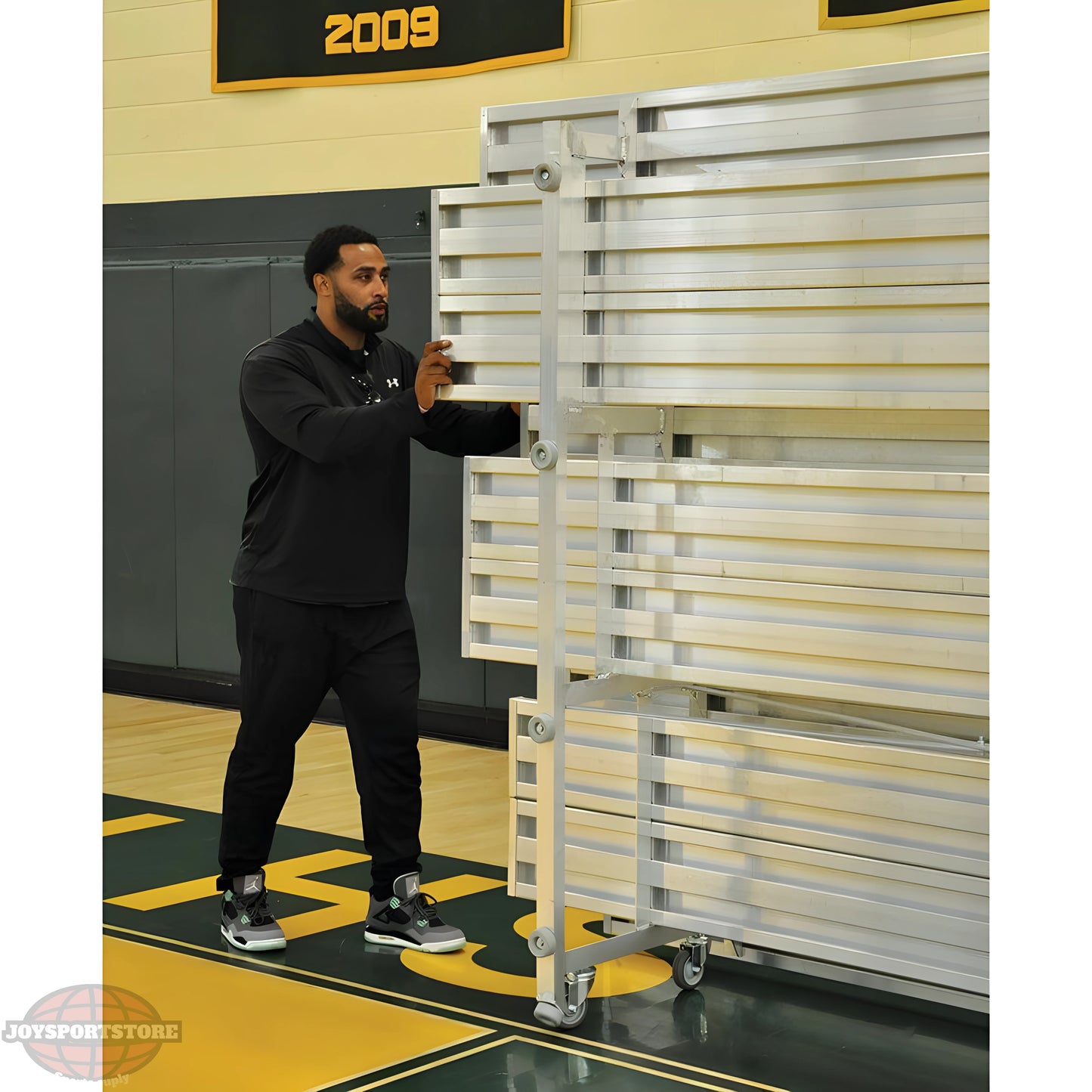 Jaypro Indoor Bleacher – 15' (2 Row, Double Foot Plank) Tip & Roll System | Model: BLDP-2TRG - JoySportStore