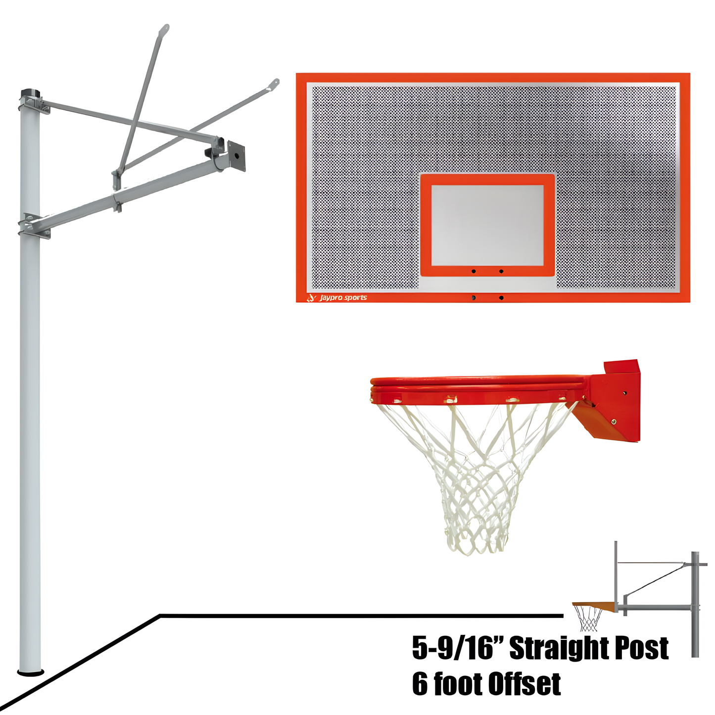 Jaypro outdoor basketball hoop with 5-9 16 inch straight post and 6-foot offset metal backboard and rim