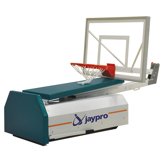 Jaypro portable basketball hoop with padded base and adjustable clear backboard for indoor basketball practice