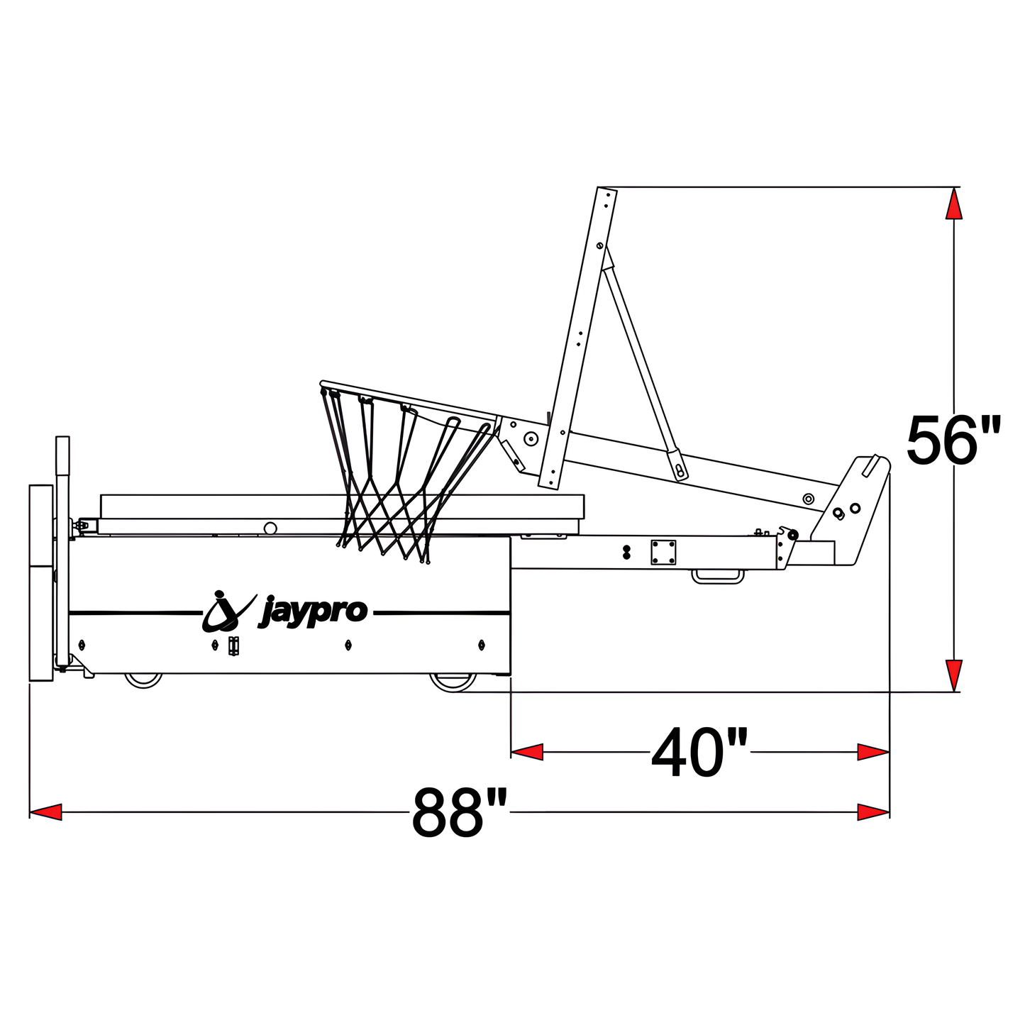 Jaypro Portable Basketball Hoop side view with dimensions showing height 56 inches and length 88 inches