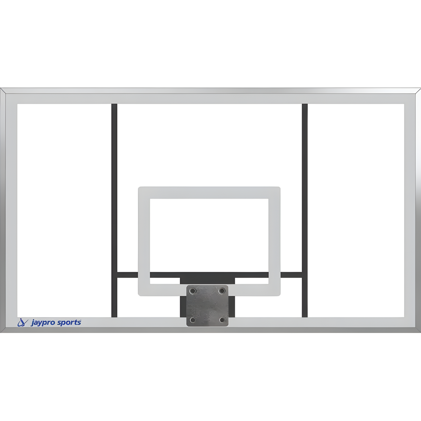 Jaypro sports basketball backboard with white frame and black support bars for gym use