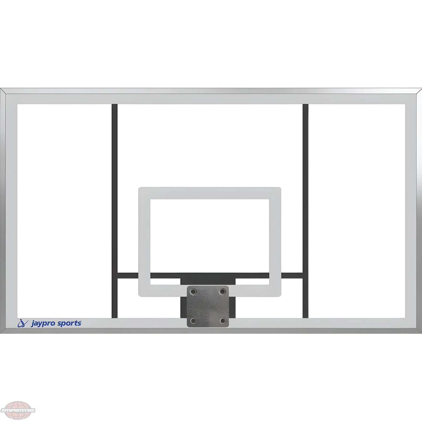 Jaypro sports basketball backboard with white frame and black support bars for gym use