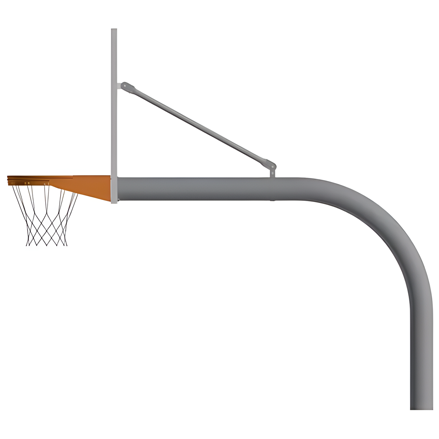 Jaypro outdoor basketball hoop with gray curved pole and white backboard for sports courts
