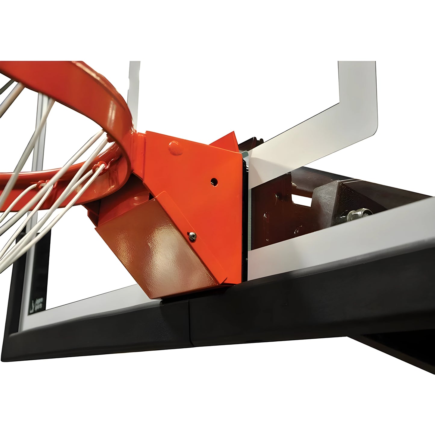 Close-up of Jaypro basketball hoop attachment with orange steel rim and white net on black backboard frame