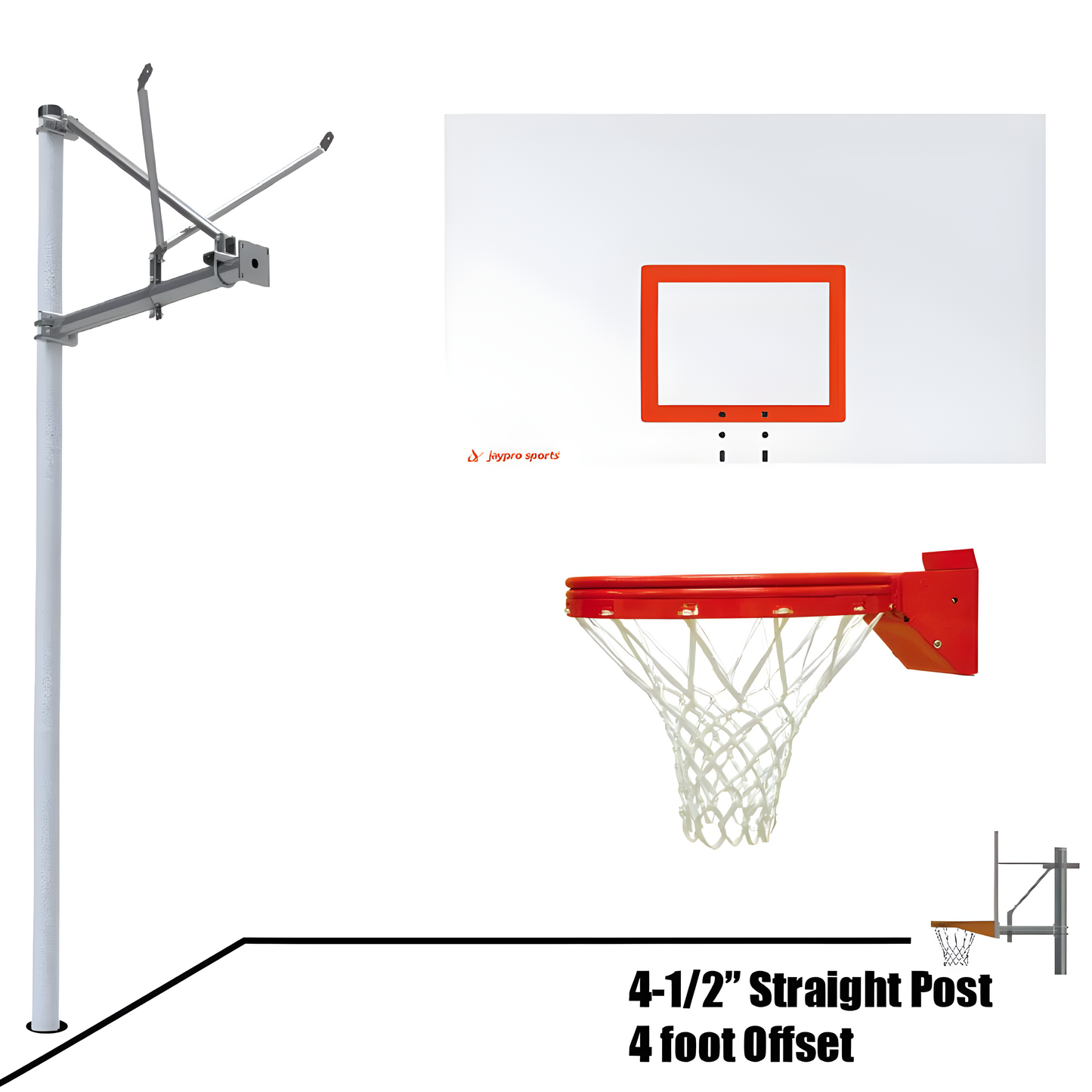 Jaypro outdoor basketball hoop with 4-1/2 inch straight post and 4 foot offset mount