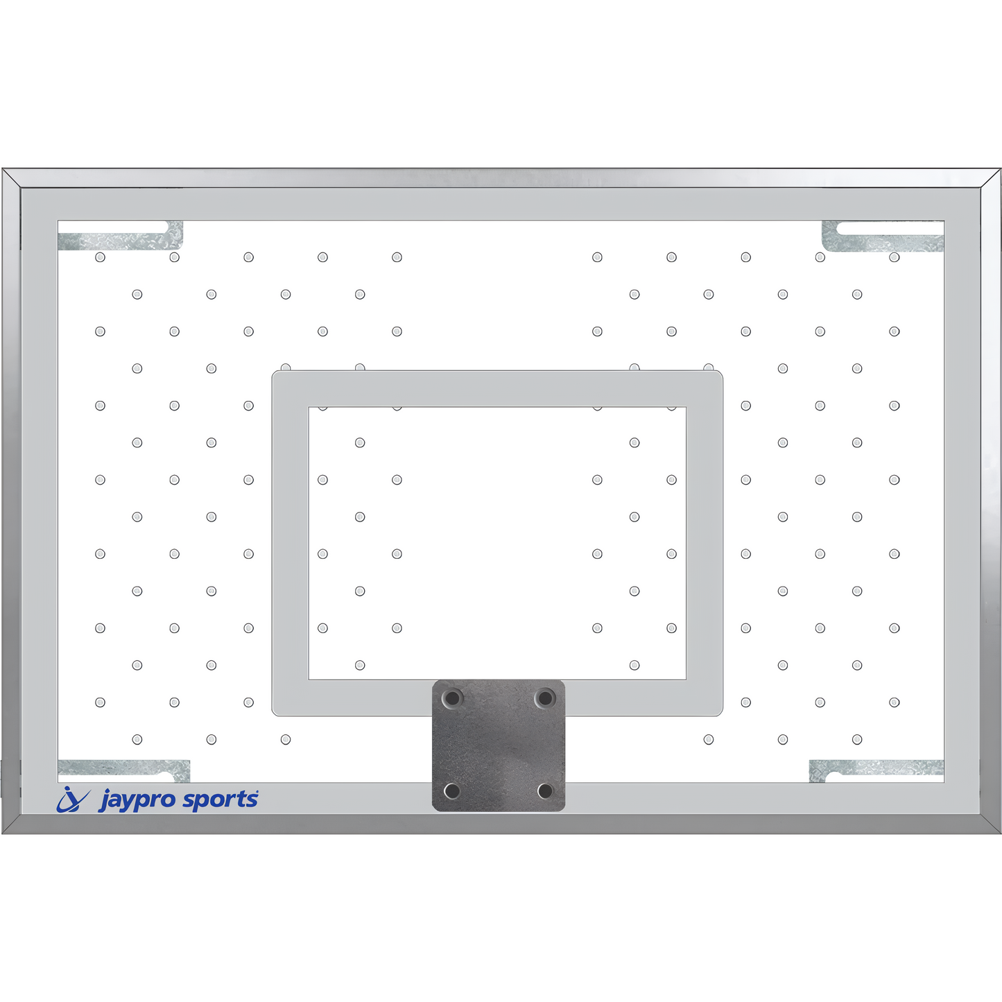 Jaypro clear basketball backboard with metal frame and mounting bracket for sports use