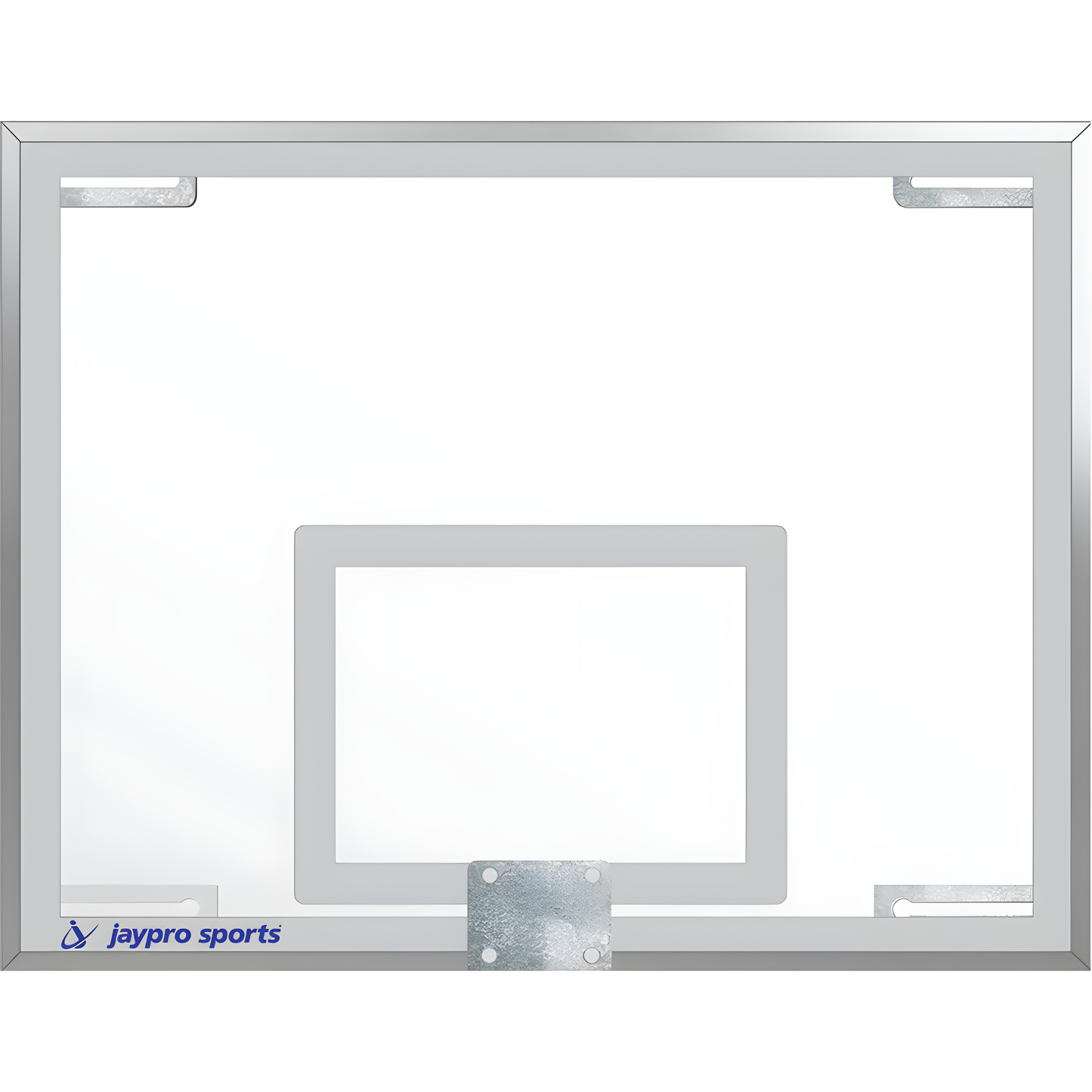Jaypro clear glass basketball backboard with metal frame and mounting brackets