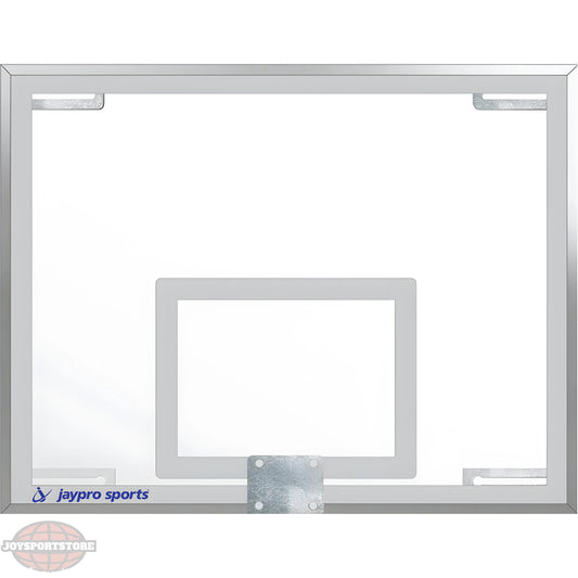 Jaypro clear glass basketball backboard with metal frame and mounting brackets