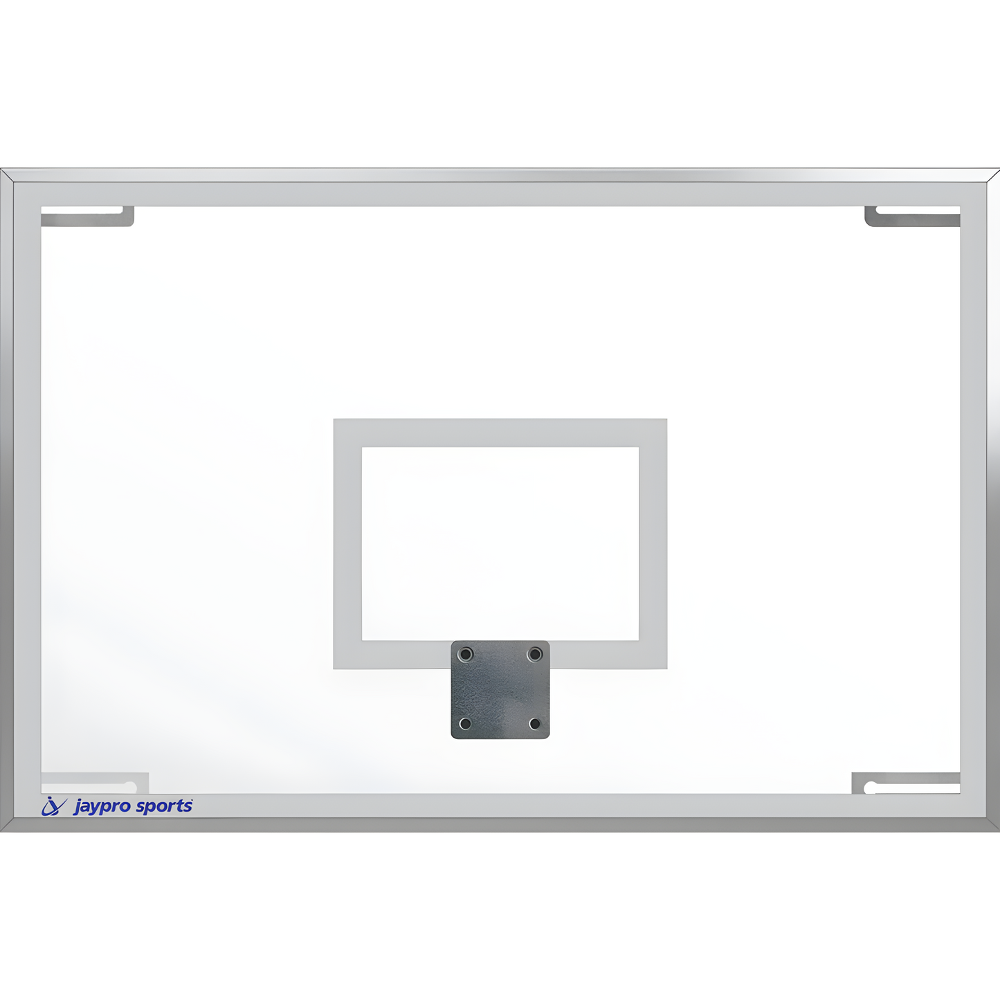 Jaypro clear basketball backboard with silver frame designed for indoor and outdoor use