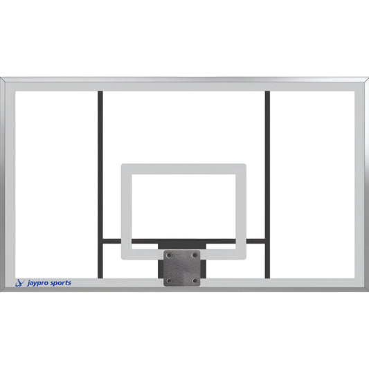 Jaypro basketball backboard with clear glass panel and metal frame for professional play