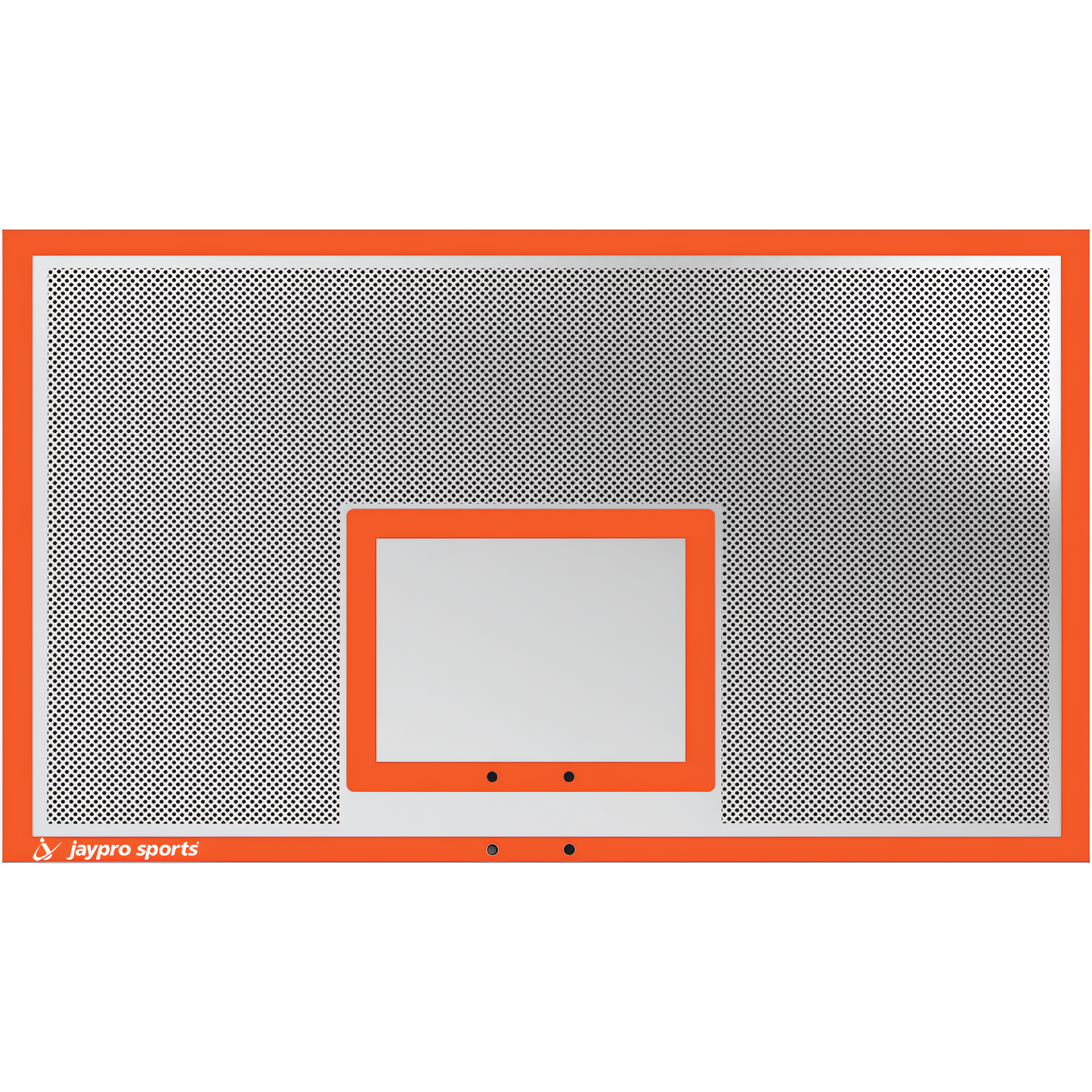 Jaypro basketball backboard with orange frame and transparent perforated surface for sports use
