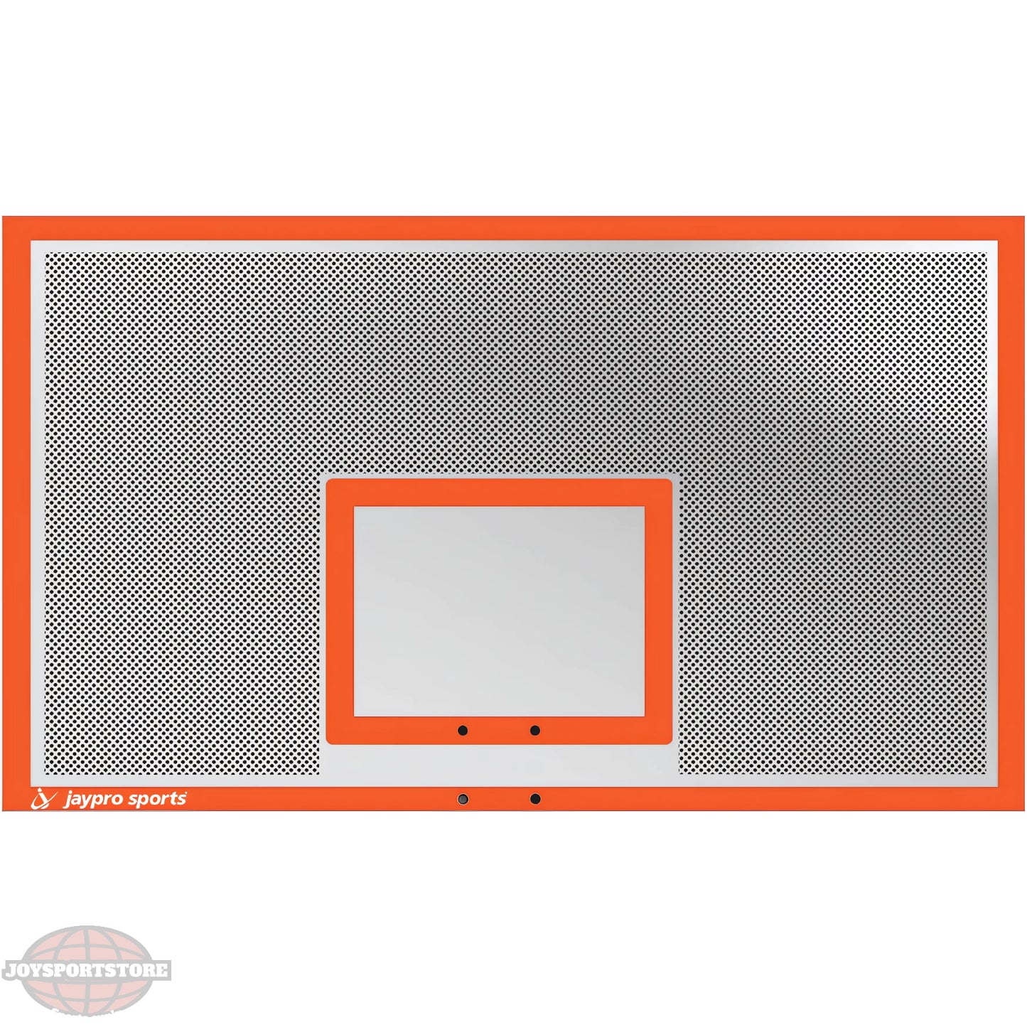 Jaypro basketball backboard with orange frame and transparent perforated surface for sports use
