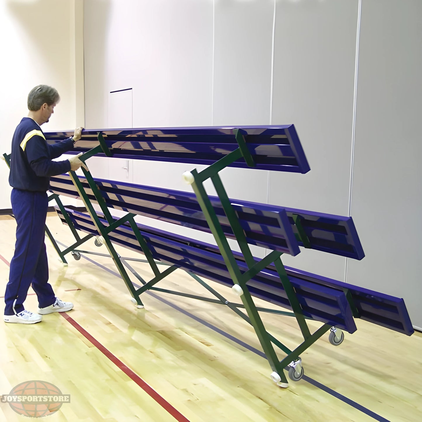 Jaypro Sports Bleacher - 2 Row -Tip & Roll, Single Foot Plank, Powder Coated - 15' L ( BLCH-2TRGPC) - JoySportStore
