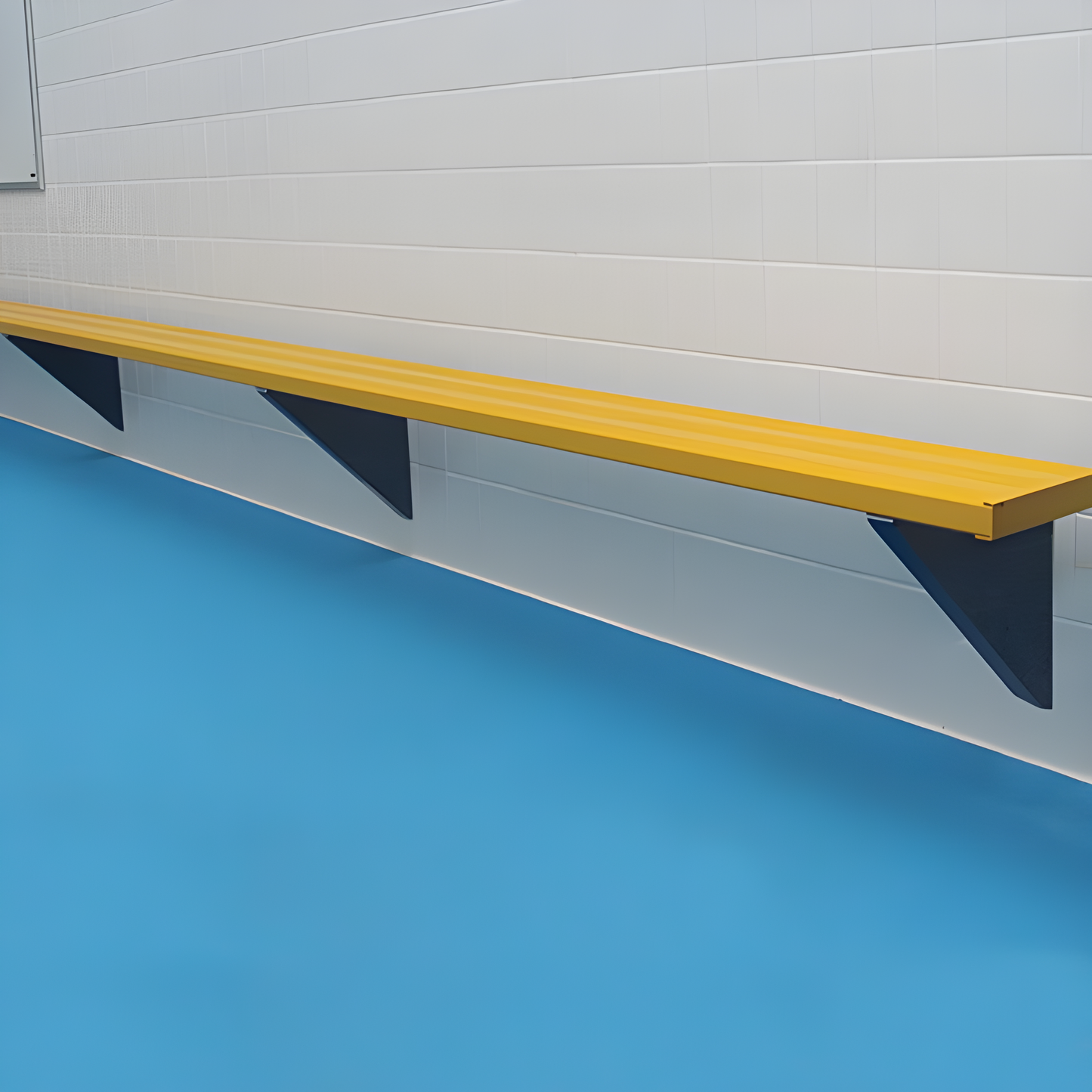 A Jaypro Sports outdoor player bench positioned in a hallway, designed for seating and resting athletes.