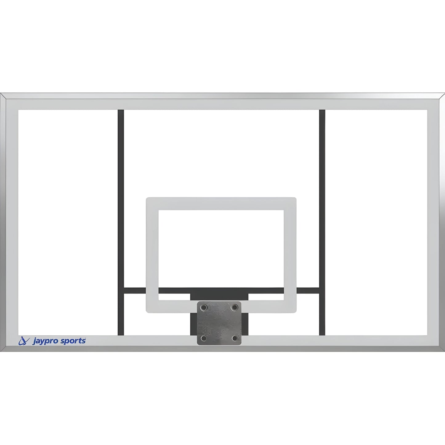 Jaypro clear glass outdoor basketball hoop backboard with white outline and black support braces