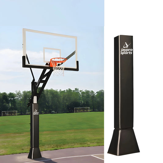 Jaypro outdoor basketball hoop with clear backboard and adjustable black pole on outdoor court