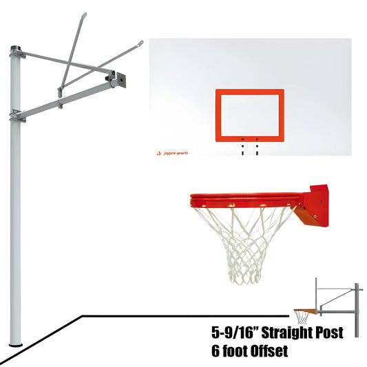Jaypro outdoor basketball hoop with 5-9 16 inch straight post and 6 foot offset for outdoor use