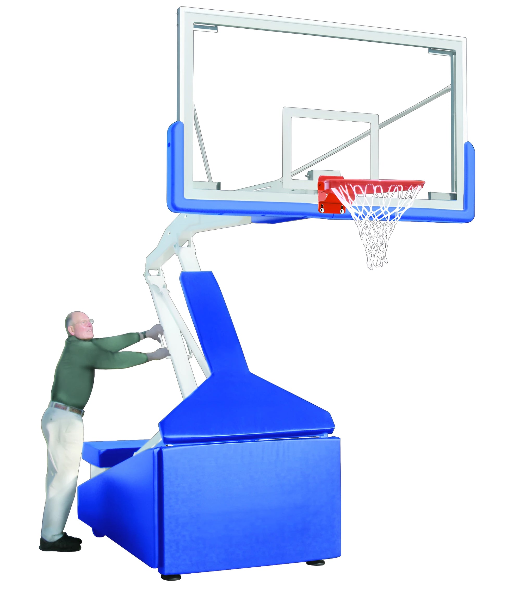 FIRST TEAM portable basketball hoop with adjustable height and padded base being set up by a man