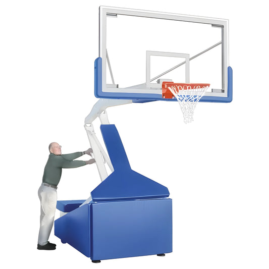 FIRST TEAM portable basketball hoop with adjustable height and sturdy blue base being handled by a person