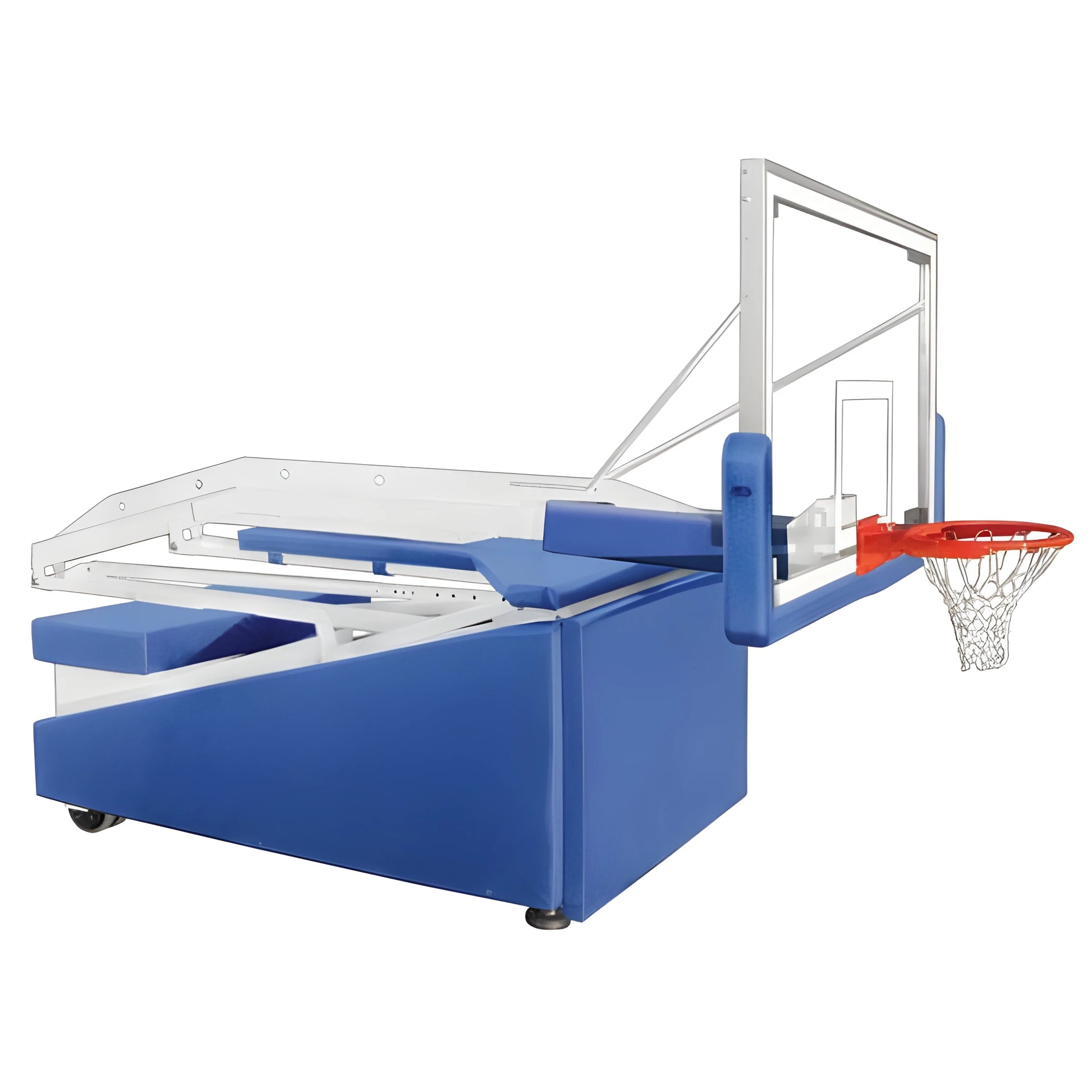 FIRST TEAM portable basketball hoop with blue padded base and transparent backboard for indoor sports