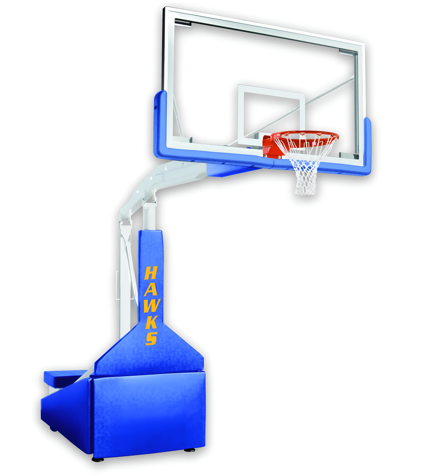 FIRST TEAM portable basketball hoop with blue padded base and clear backboard featuring Hawks logo