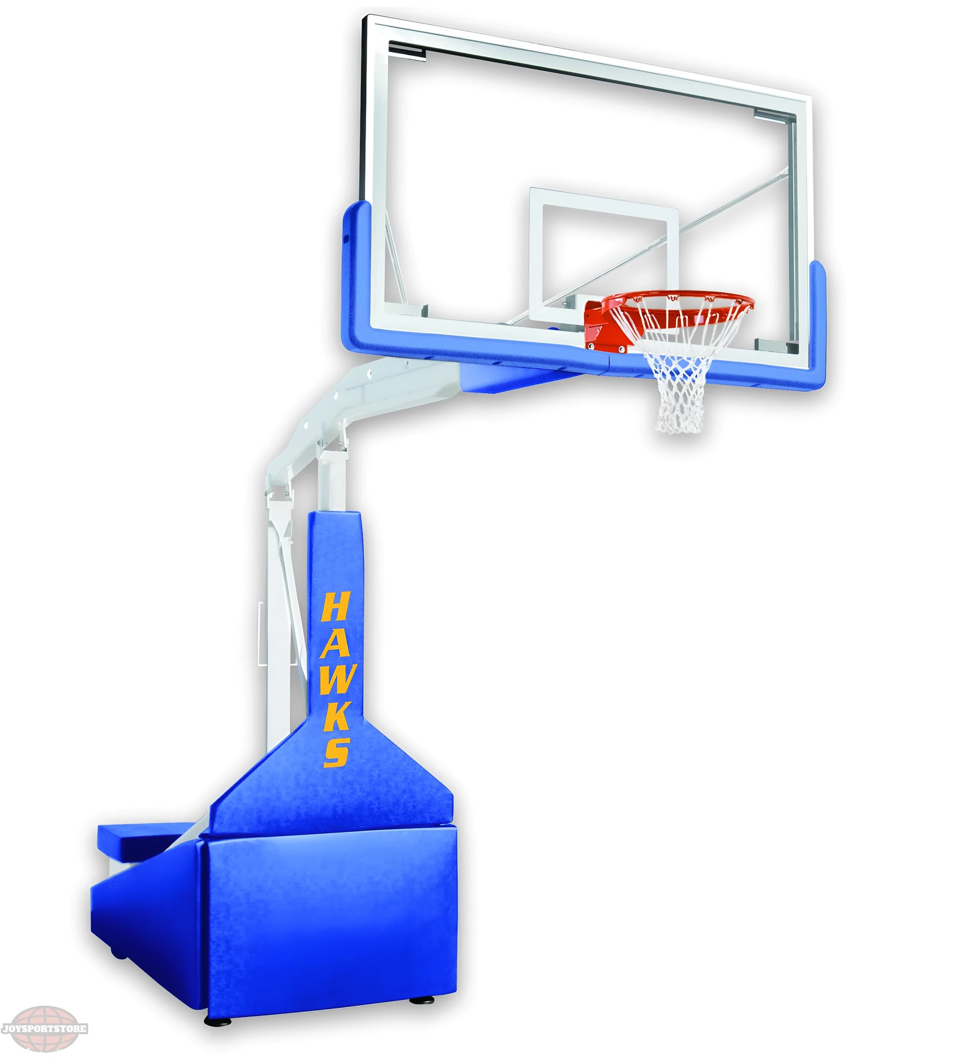 FIRST TEAM portable basketball hoop with blue padded base and clear backboard featuring Hawks logo