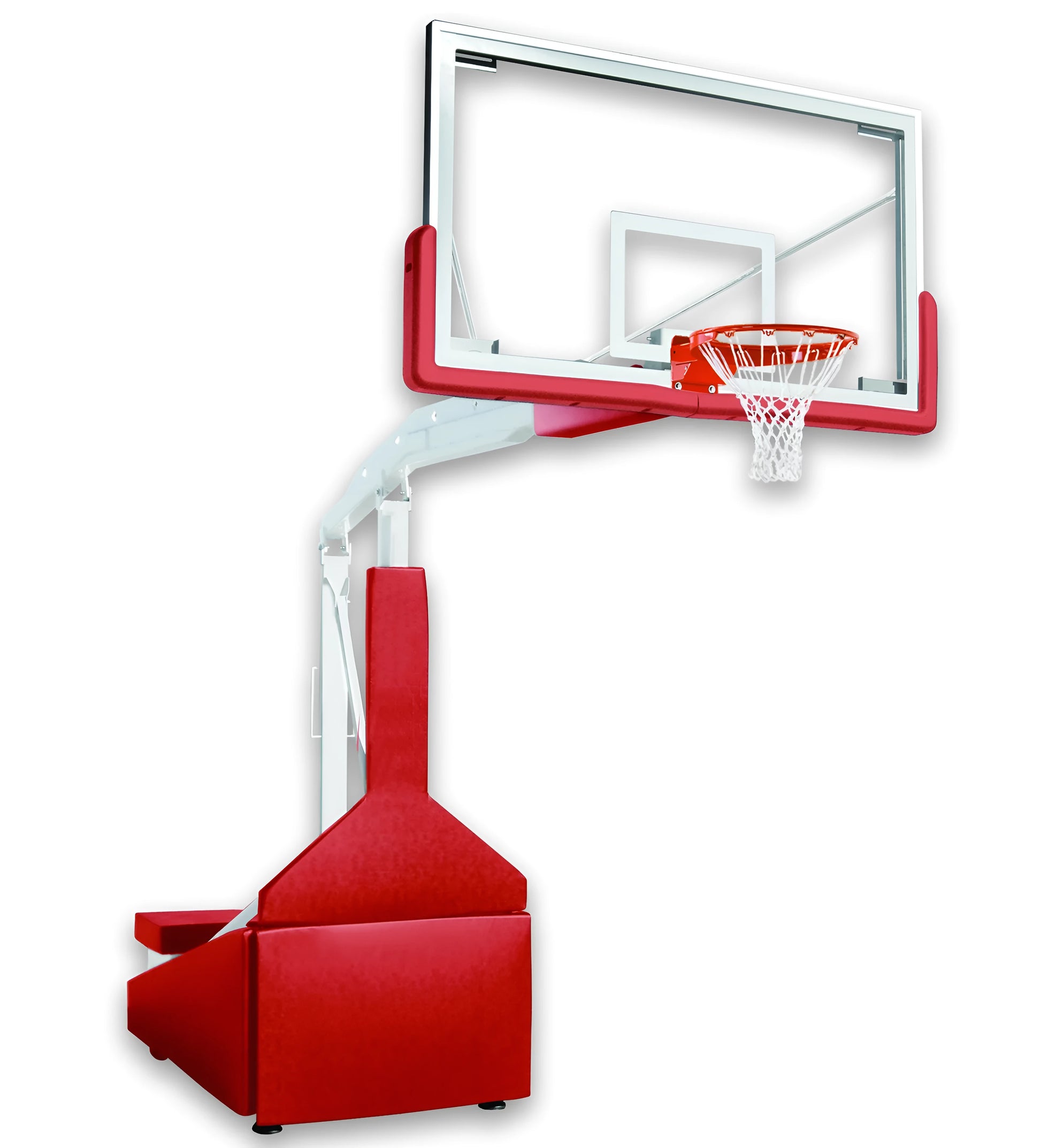 FIRST TEAM Portable Basketball Hoop with adjustable height and red padded base for outdoor play