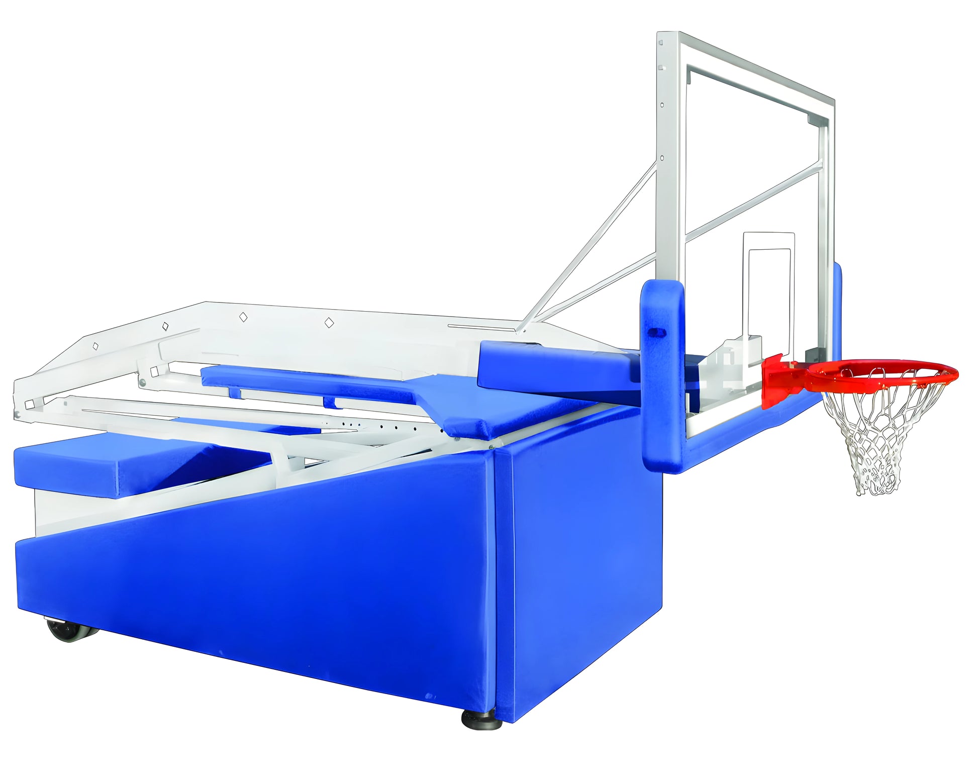 FIRST TEAM Portable Basketball Hoop with blue padded base and adjustable clear backboard