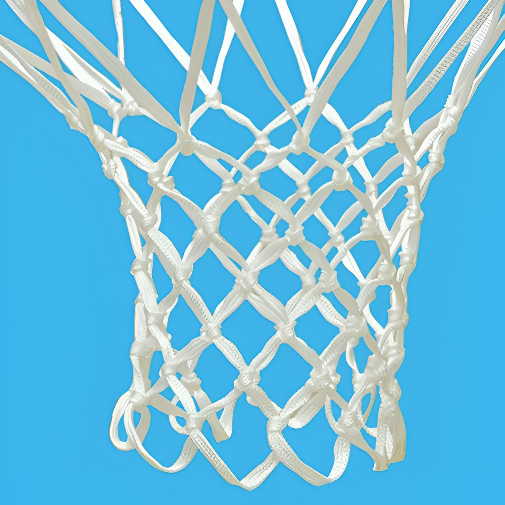 Close-up of a white net on a Jaypro outdoor basketball hoop against a clear blue sky