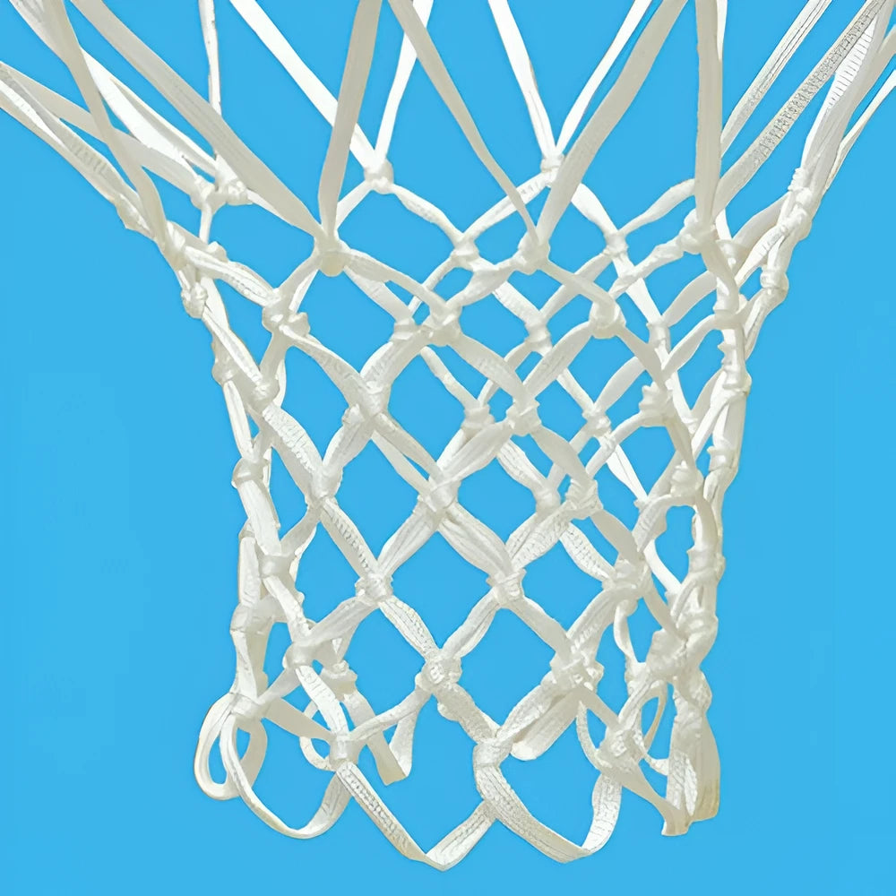 Close-up of a white net on a Jaypro outdoor basketball hoop against a clear blue sky