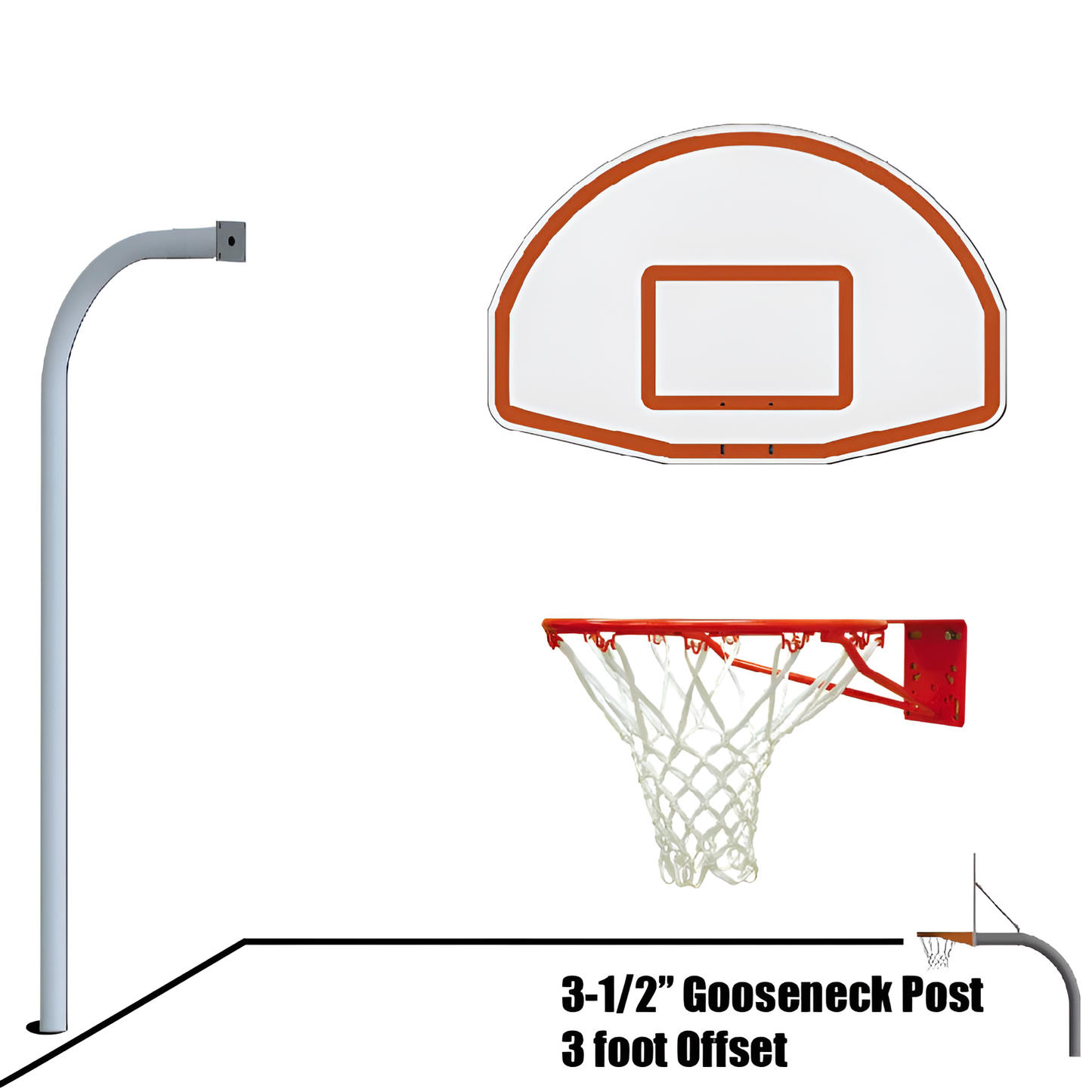 Jaypro outdoor basketball hoop with 3-1/2 inch gooseneck post and 3 foot offset white backboard and net